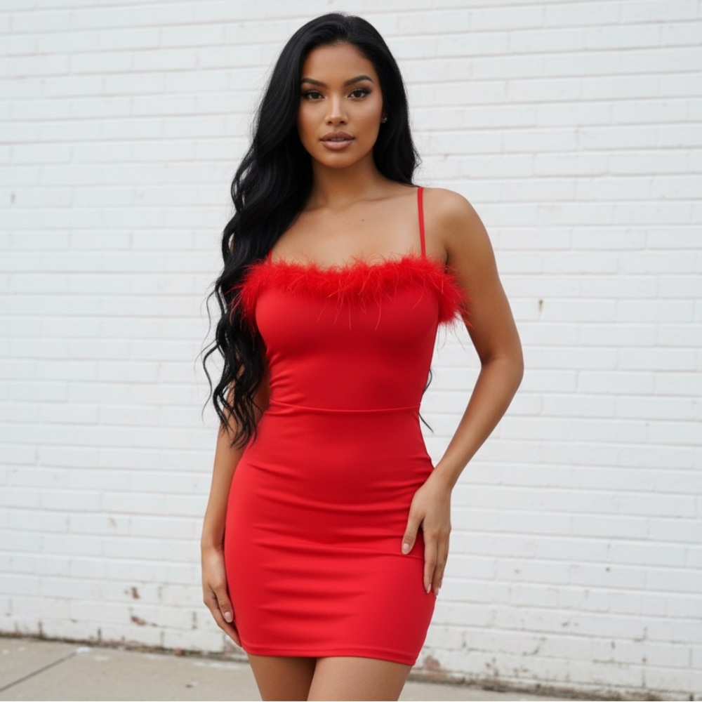White Fox Boutique Start of Something Feather Mini Dress in Red Size Medium